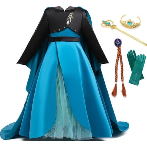 Girls Ana Princess Dress up Clothes Cosplay Frock Ana Elza 2 Costume with Cloak Kids Snow Queen Party Gown Spring Fancy Dress