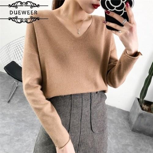 Women Pullovers Sweaters V-Neck Knitted Sweater Womens Solid Long Sleeve Simple Korean Top Soft Warm Elegant Loose Tops Trendy