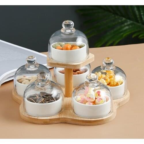 Luxury Ceramic Cake Cup White Dessert Bowl with Glass Lid Modern Home White Fruit Baking Dessert Bowl with Bamboo Wood Tray gift