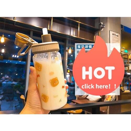 500ml Cute Bear Glass Straw Cup Cartoon Transparent with Scale Juice Milk Tea Porable Outdoor Student Home Water Bottle