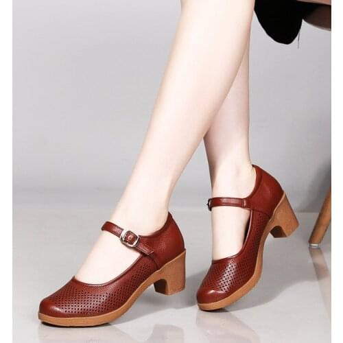 LIHUAMAO Mary Jane shoes square heel ankle strap party wedding work comfort breathable round toe shoes for women pumps brown