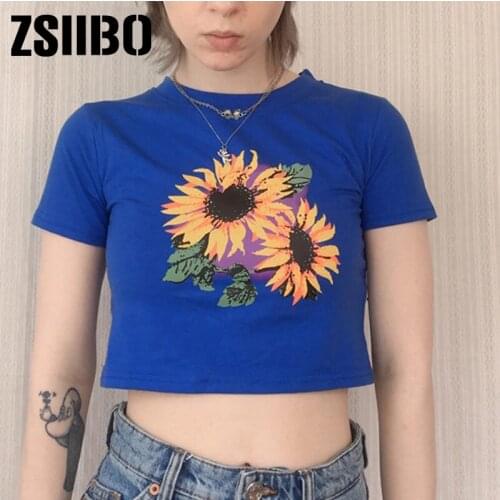Vintage Y2K Print Short Sleeve T-shirts O-neck Graphic Blue Baby Tees Summer Cute Crop Tops tshirt shirt Streetwear Sunflower