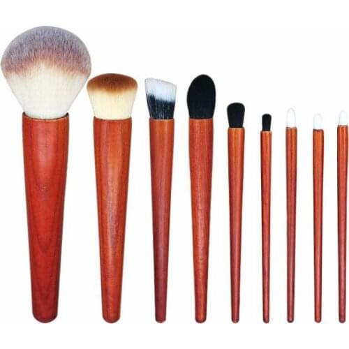 High quality wooden handle synthetic hair nylon brushes 9pcs make up brush set in special