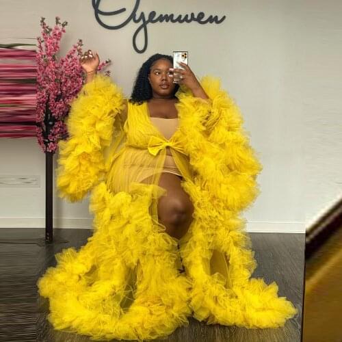 Yellow Gold Tulle Robe Plus Size Tulle Maternity Dresses for Photoshoot Long Sleeves Puffy Ruffled Tulle Dress For Baby Shower
