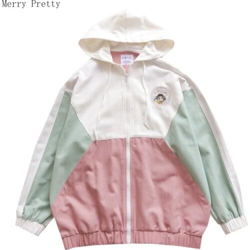 Sweet Style Cartoon Embroidery Long Sleeve Hooded Jackets For Women 2020 Spring New Patchwork Basic Outerwear Coats