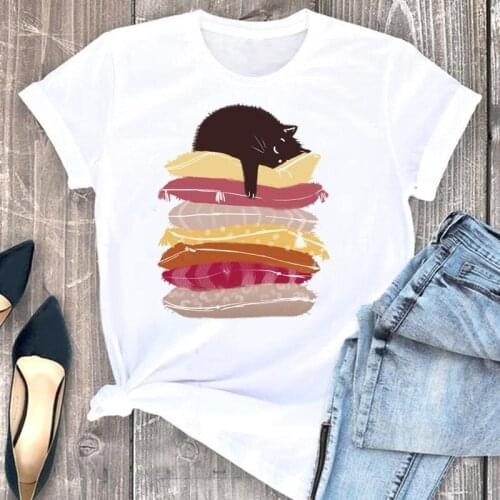 Women Clothes Cat Funny Clothing Sweet 2021 Cartoon Fashion Short Sleeve Summer Print Tshirt Female Tee Top Graphic T-shirt