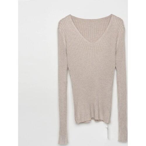 Women Ribbed V Neck Sweater Pullovers Basic Cotton Knitted Tops Slim Fit With Thumb Hole