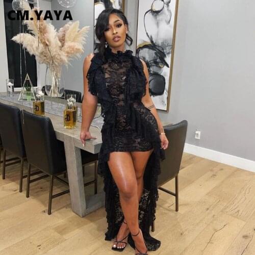 CM.YAYA Women Dress Solid Lace Sleeveless Stand Collar Back Floor Length Dresses Sexy Night Club Party Vestidos Summer Outfits