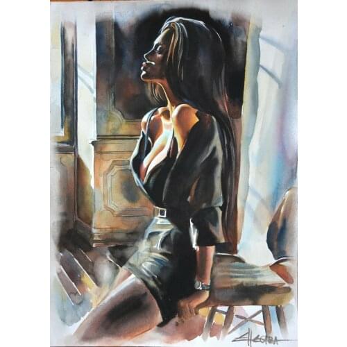 100% Handpainted ART LARGE WATERCOLOR PAINTING BY ELLECTRA RED NUDE EROTIC