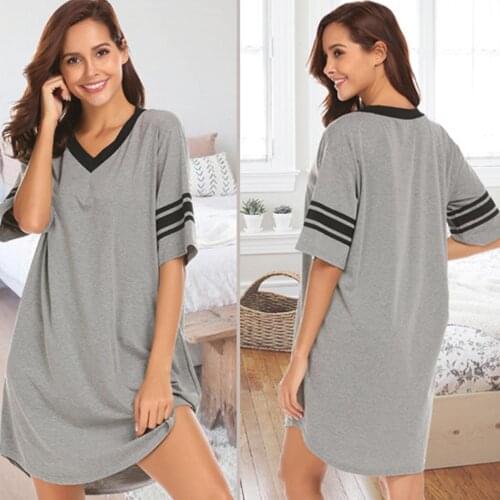 2021 Womens Striped Short-sleeved V-neck Stitching Solid Color Pajamas Dress New Casual Soft And Comfortable Loose Home Service