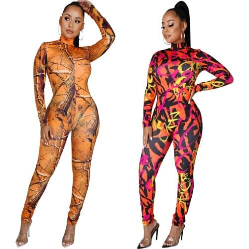 Active Tie Dye Letter Print Turtleneck Bodycon Jumpsuit for Women Sexy Club One Piece Overall Bodycon Plus Size Rompers Outfits