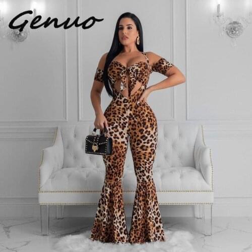 Genuo Autumn Women Leopard Print Bodysuit Cut Out Bodycon Tie Up Crop Top Flare Jumpsuit Sexy Club Night Party Romper Playsuit