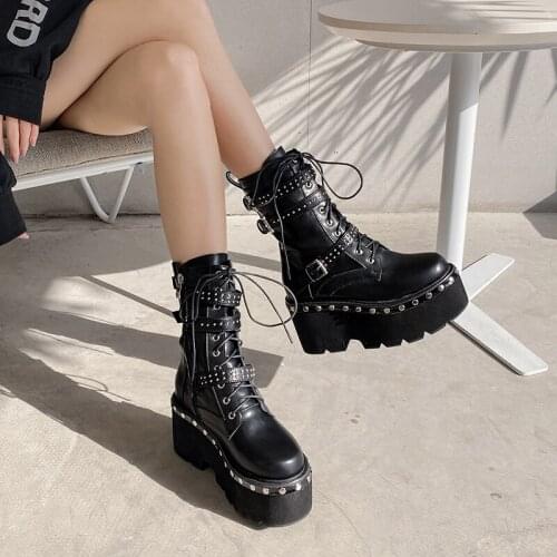 Lace up Cross-tie Platform Boots Women Round Toe Black Goth Boots Women High Heel Martin Boots Winter Womens Boots