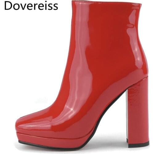 Dovereiss Fashion Womens Shoes Winter Sexy Pure Color Red Genuine Leather Lacquered Leather Platform Zipper Mature Ankle Boots