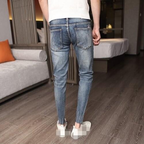 Men Ankle Length Jeans Slim Fit Korean Hole Micro-Elasticity Denim Pencil Pant Four Season Multi-Pockets Blue Washed Vintage