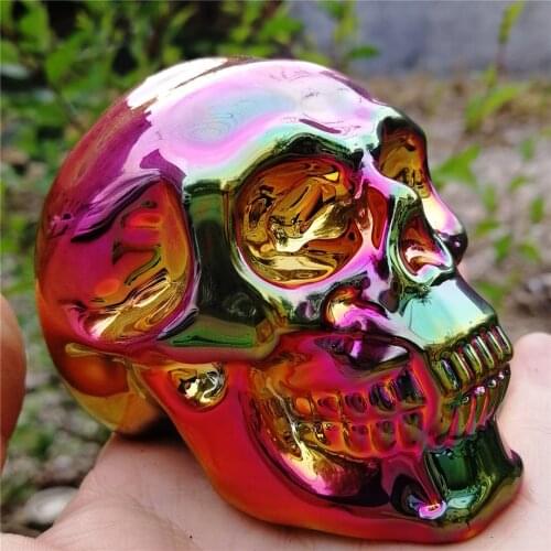 80MM Drop Shipping Aura K9 Artificial Crystal Stones Skull Figurine Hand Carved Statue Chakra Feng Shui Healing Home Ornament