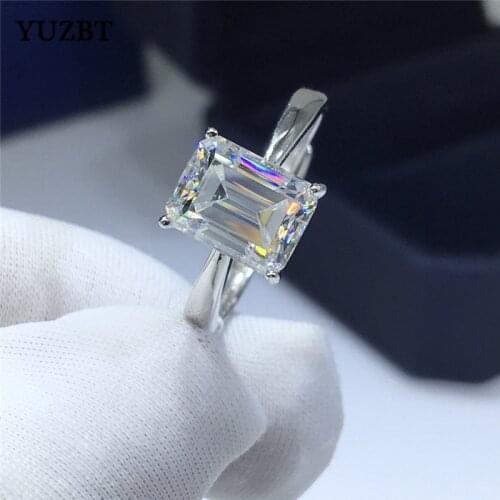 18K White Gold Plated Excellent Cut 2 Carat Diamond Test Past Big D Color Moissanite Ring 925 Silver Emerald Cut Gemstone Rings