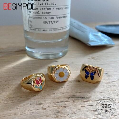 Besimpol Real 925 Sterling Silver Ring Vintage Hollow Pierced Drip Glaze Adjustable Ring for Women Fashion Fine Jewelry Gifts