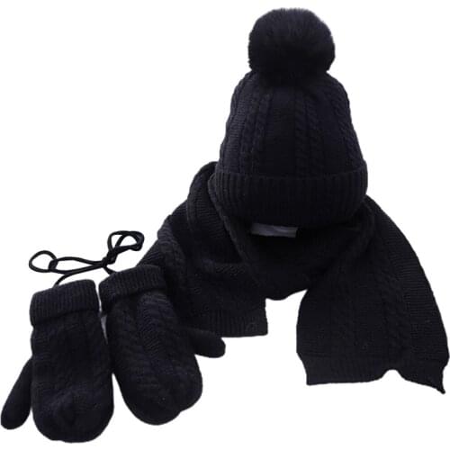 3 Pieces Toddler Kids Baby Winter Warm Beanie Hat Long Scarf Gloves Set Braided Cable Knit Solid Color Plush Lined Pompom H9ED