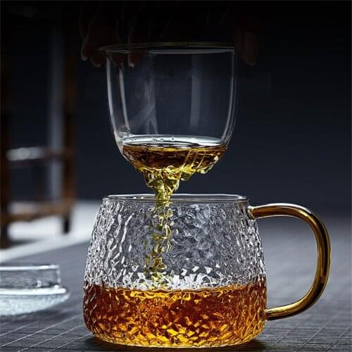 420ml Creative Hammer Glass Cup High Borosilicate Water Cup Office Hammer Cup Heat-resistant Flower TeaCup Separation Filter Cup