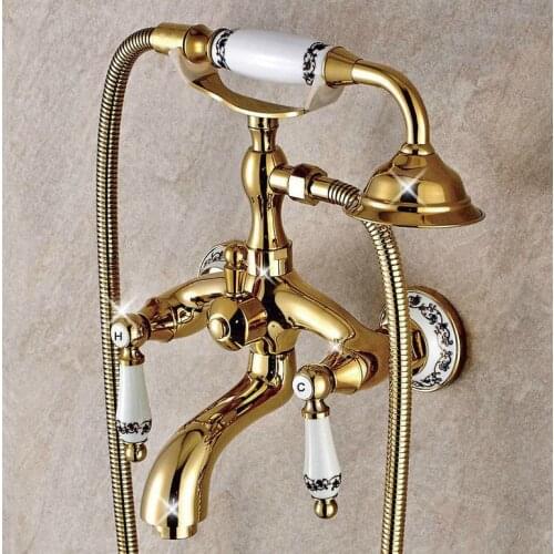 Gold Color Brass Ceramics Base Wall Mounted Clawfoot Bath Tub Faucet Mixer Tap Telephone Style Hand Held Shower Head Set atf413