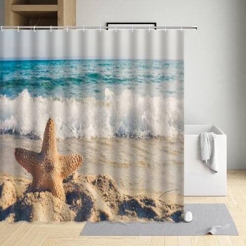 Summer Beach Shower Curtain Ocean Scenery Stone Shell Ocean Wave Starfis Footprint Bathroom Decoration Sets With Hooks Washable