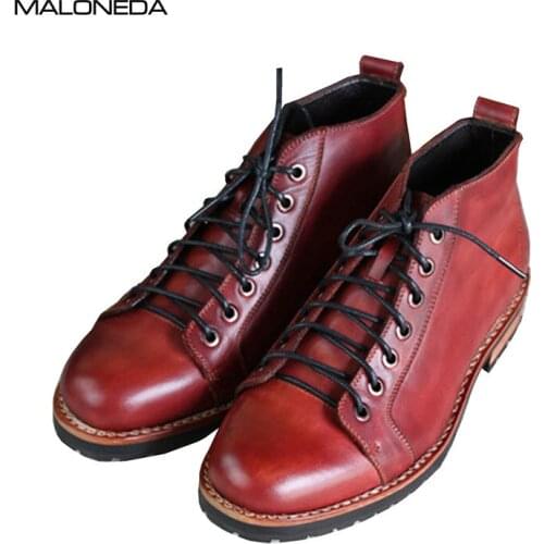 MALONEDE Bespoke Red Wine Color Handmade Goodyear Genuine Leather Lace up Casual Short Boots for Men EUR Size 37-47