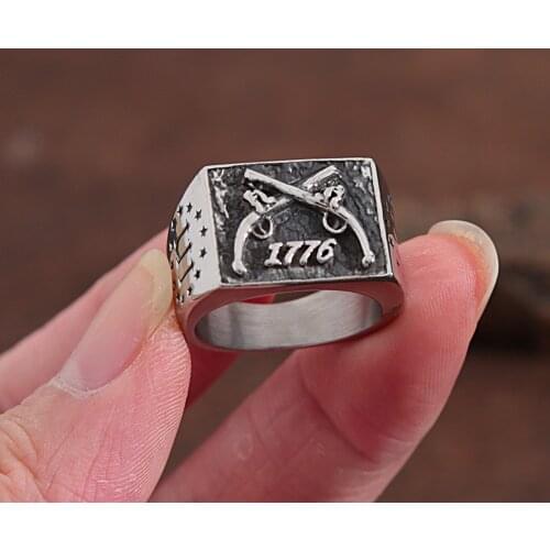 Classic 1776 Independence Day Ring Stainless Steel Denim Men Double Gun Ring Punk Hip Hop Rider Ring Fashion Jewelry Gift
