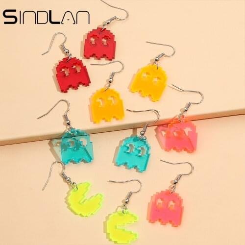 Sindlan 5Pairs Funny Multi Color Cartoon Drop Earrings for Women Cute Pixel Ghost Set EDGY Fashion Ears Jewelry Gift Arete Y2k