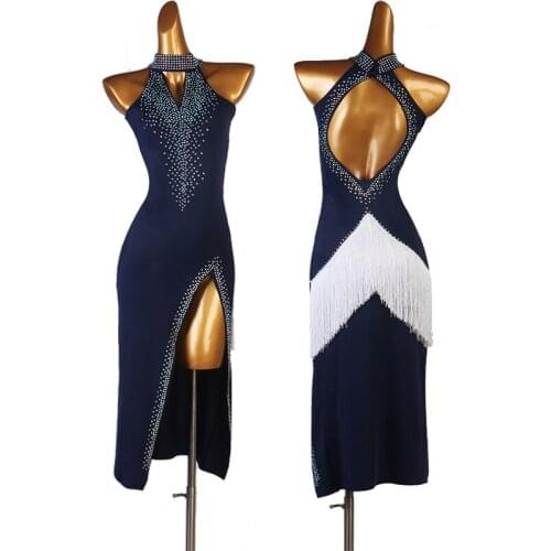 Sexy Halter Latin Dance Dress Backless Tango Tassel Dancing Performance Costume Samba Rhinestone Competition Dancewear VDB3831
