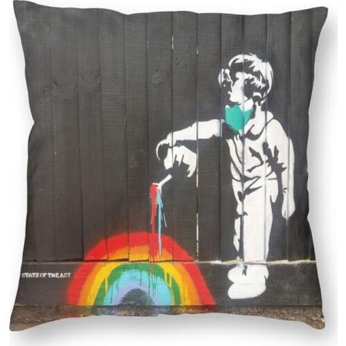 Custom Banksy Rainbow Square Throw Pillow Cover Decoration 3D Two Side Print Street Art Graffiti Cushion Cover for Living Room