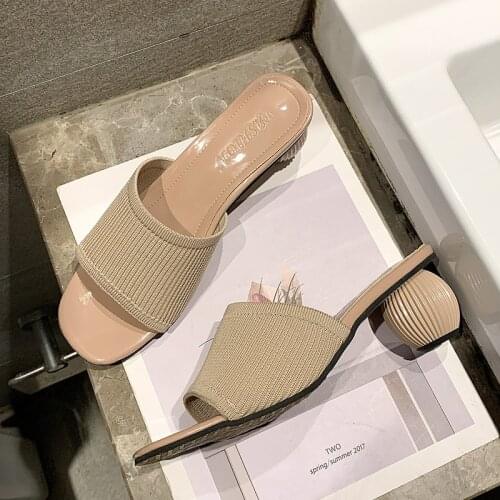 Knit Mesh Breathable High heels Mules slippers women 2020 summer women Heteromorphic heel knitting Fashion mules ladies shoes