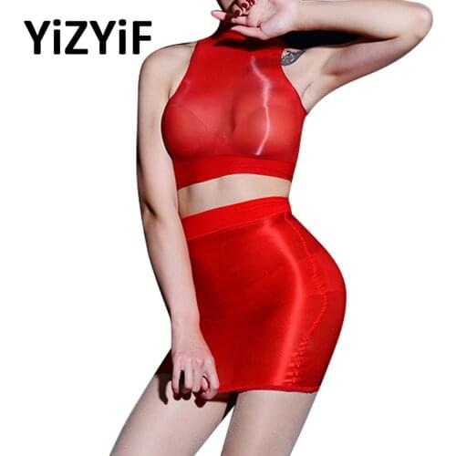 Sexy Oil Glossy Shin Sheer Micro Mini Dress Women See Through Bodycon Top and Skirt Set Candy Color Sheer Night Clubwear Catsuit