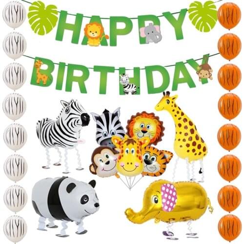 Jungle Animal Supplies Pull Flag Banner Balloon Giraffe Elephant Panda Zabra Walking Helium Lion Safari Birthday Kids Party