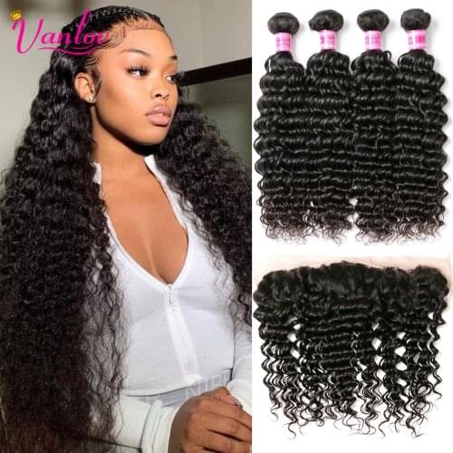 Vanlov Hair Brazilian Deep Wave Bundles With Frontal Pre Pluck Human Hair Lace Frontal Closure With Bundles Remy Hair Extension