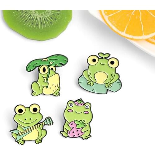Cartoon Frog Animal Brooch Playing Guitar Dripping Oil Alloy Yellow-Green Enamel For Women Lapel Pins Badges DIY Accessories
