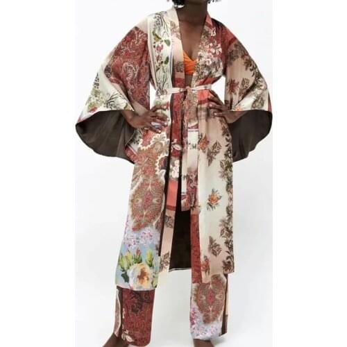 TRAF Za Shirt Women Patchwork Kimono Print Women Blouses 2021 Summer Beach Kimono Cardigan Tunics Woman Elegant Belt Long Shirt