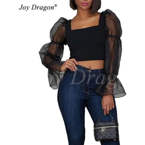 Women Short Shirts New Mesh Stitching Womens Long Sleeve Tops Solid Square Necked Perspective Ladies Casual Pullover Streetwear