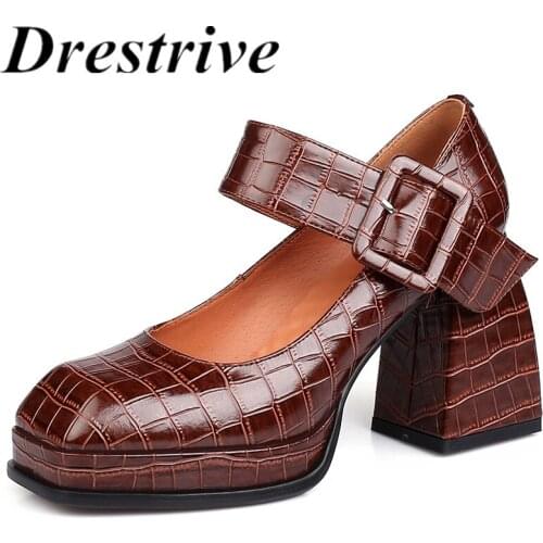 Drestrive Women Pumps Pu Leather Thick Heels Buckle Square Toe Platform 2021 Summer Shoes Woman High Heel Black Stone Pattern