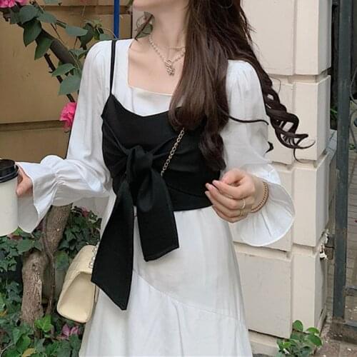 2021 Summer Dress Women Elegant Vintage Sexy Square Collar Long Sleeve Dress Office Lady Casual One Piece Dress Korean Design