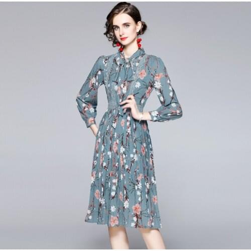 Fashion Runway Spring Autumn Party Dress Women Bow Neck Chiffon Elegant Lace Splicing Floral Pleated Midi Dress k5651
