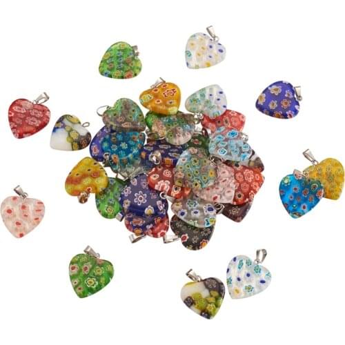 100pcs Handmade Millefiori Lampwork Glass Pendants Heart Bracelet Charms with Iron Clasps DIY Jewelry Charm
