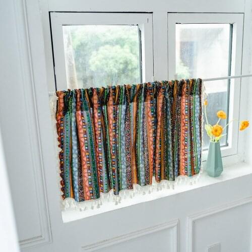 Boho National Style Tulle Sheer Cotton Linen Printed Short Window Curtain for Home Living Room Decor in the Kitchen Cafe Curtain