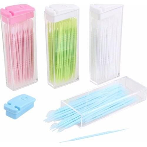 50pcs/pack 2 way Oral Dental Tooth Pick Plastic Interdental Brush Toothpick with Portable Case Random Color