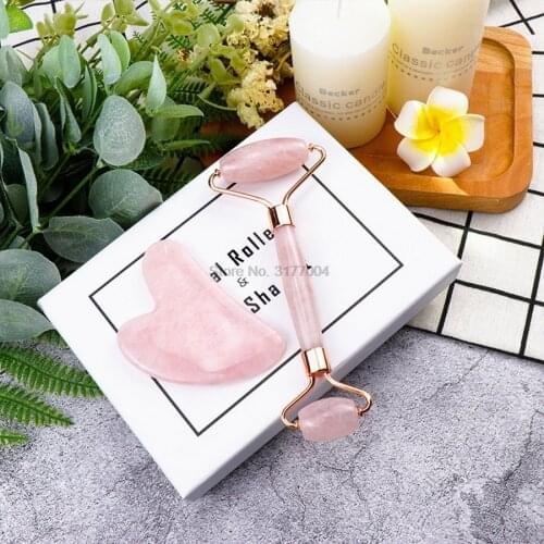 DHL 50set Rose Quartz Roller Slimming Face Massager Lifting Tool Beauty Skin Care Set Box