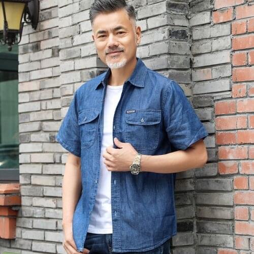Middle Aged Denim Shirt Summer Short jean Sleeve Cotton Thin Dad Loose Jacket Рубашка Блузки Men Clothing Genuine Hot Рубашки