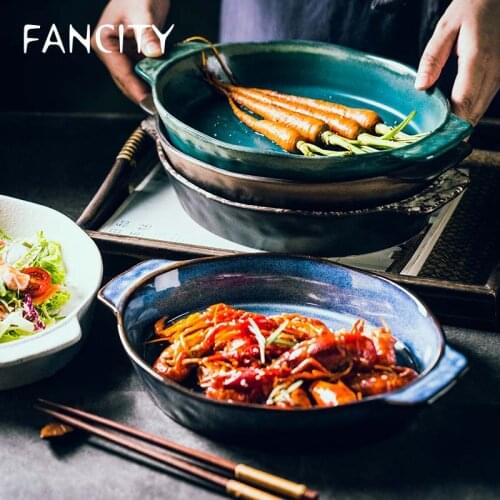 FANCITY Binaural Baking Plate Baked Rice Plate Japanese Ceramic Plate Large Capacity Oval Plate Breakfast Plate Salad Fruit Plat