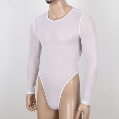 Gay Mens Exotic Costumes Transparent Teddies See-Through Mesh Bodysuit Sleepwear Long Sleeve High Cut Zipper Slim Fit Rompers
