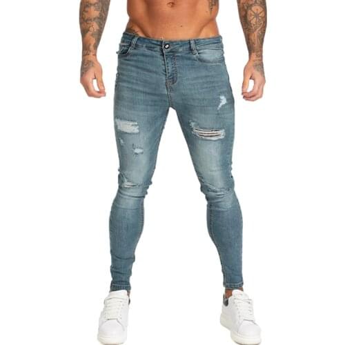 Gingtto Men Jeans Skinny Stretch Repaired Jeans Light Blue Hip Hop Distressed Super Skinny Slim Fit Cotton Comfortable Big Size