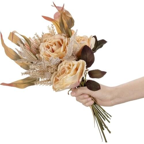 Simulation Rose with Plant Dry Bouquet Artificial Flower Home Table Decoration Roses Fake Flowers Wedding Bride Holding Bouquet